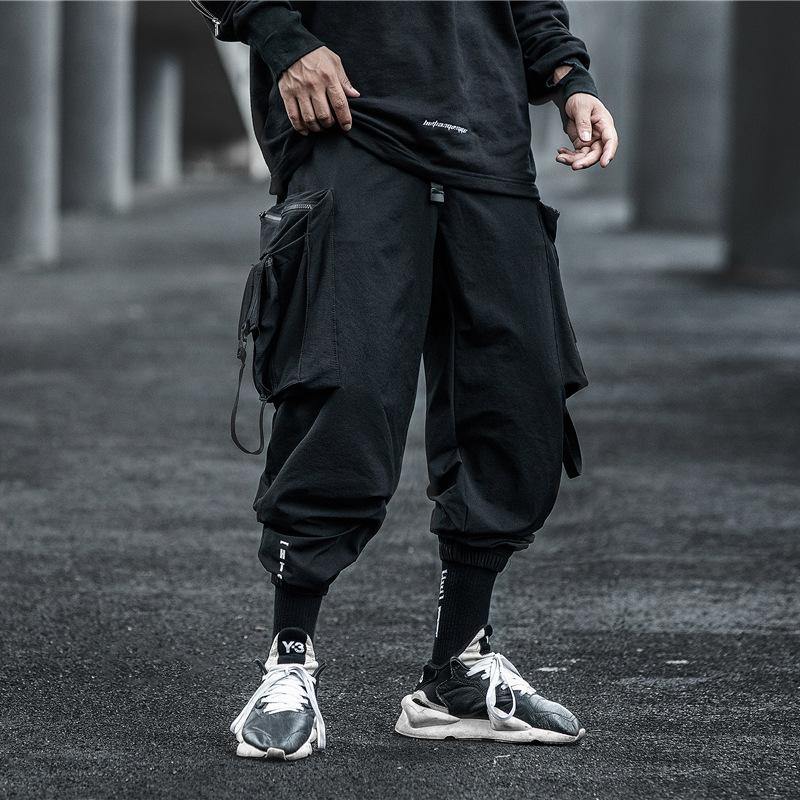 

Belt Ribbons Techwear Hip Hop Cargo Pants Men Autumn Trousers Japanese Tooling Pencil Tactical Black Male Vintage Casual Pants, Black pants