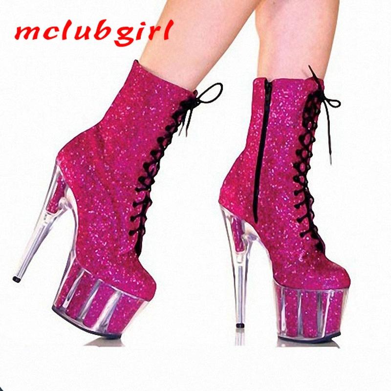

Mgirlclub Stars Red Rose Women's Shoes 15cm Super High-heeled Boots Platfrom Shoes Sparkling Sequins Low-barrel Single Boots LYP, Black