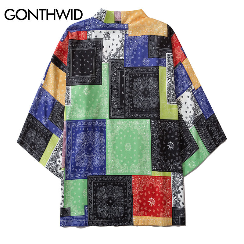 

Japanese Colorful Cashew Flowers Color Block Print Kimono Cardigan Shirts Streetwear Hip Hop Casual Summer Jackets Tops