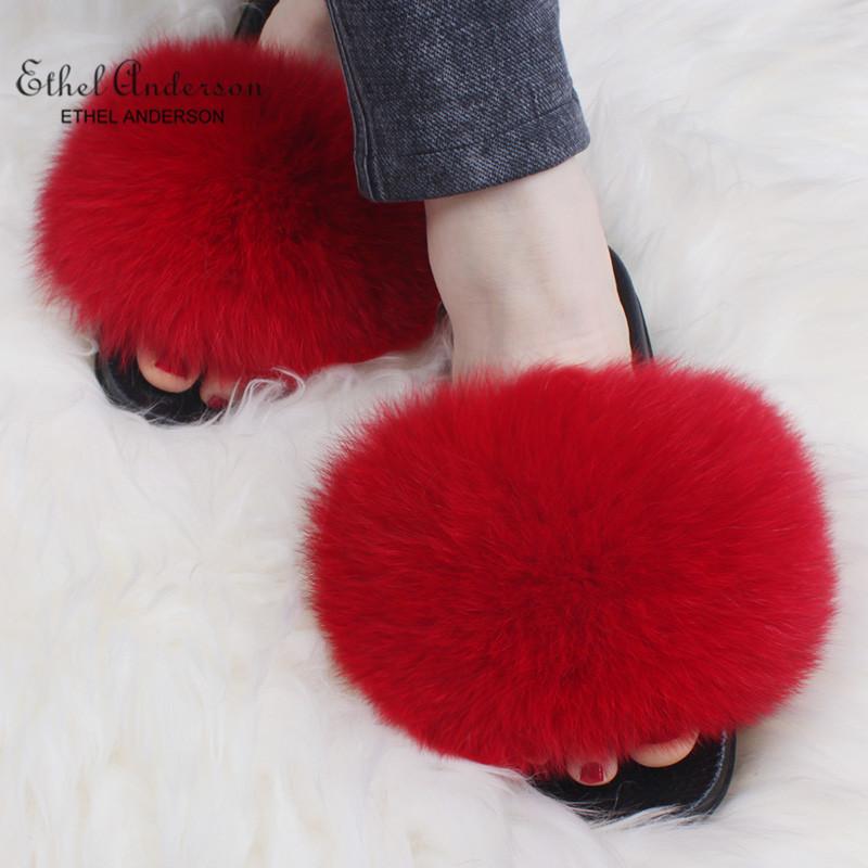 

Real Fur Raccoon Fur Women Slippers Furry And Fluffy Flat With Home Non-slip Flip Outside Casual Winter Female Sandles, Brown raccoon fur