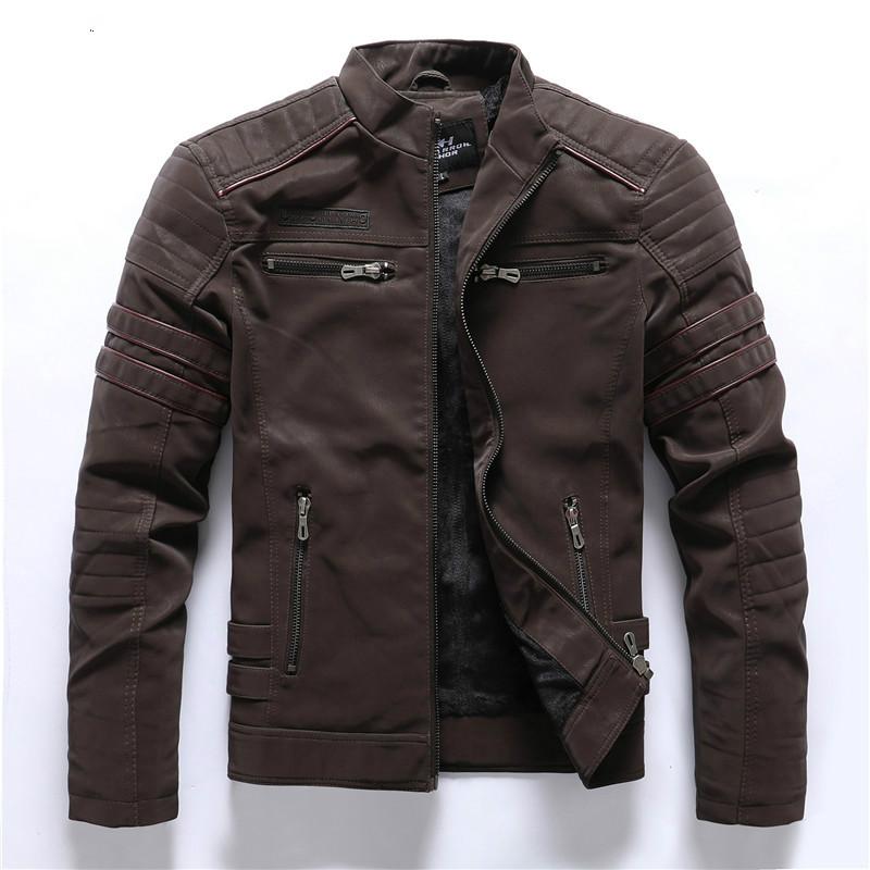 

Autumn Winter Motorcycle PU Leather Jacket Men 2021 Vintage embroidery Fleece Warm Multi-pocket Leather Coat Male European Size, Coffee