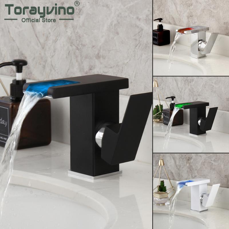 

Torayvino LED Bathroom Faucet Single Handle Basin Sink Faucets Waterfall RGB Color Change Powered By Water Flow Mixer Water Tap