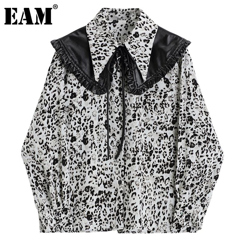 

EAM] Women Printed Pu Leather Big Size Blouse New Lapel Long Sleeve Loose Fit Shirt Fashion Tide Spring Autumn 2020 1DC863, Picture color