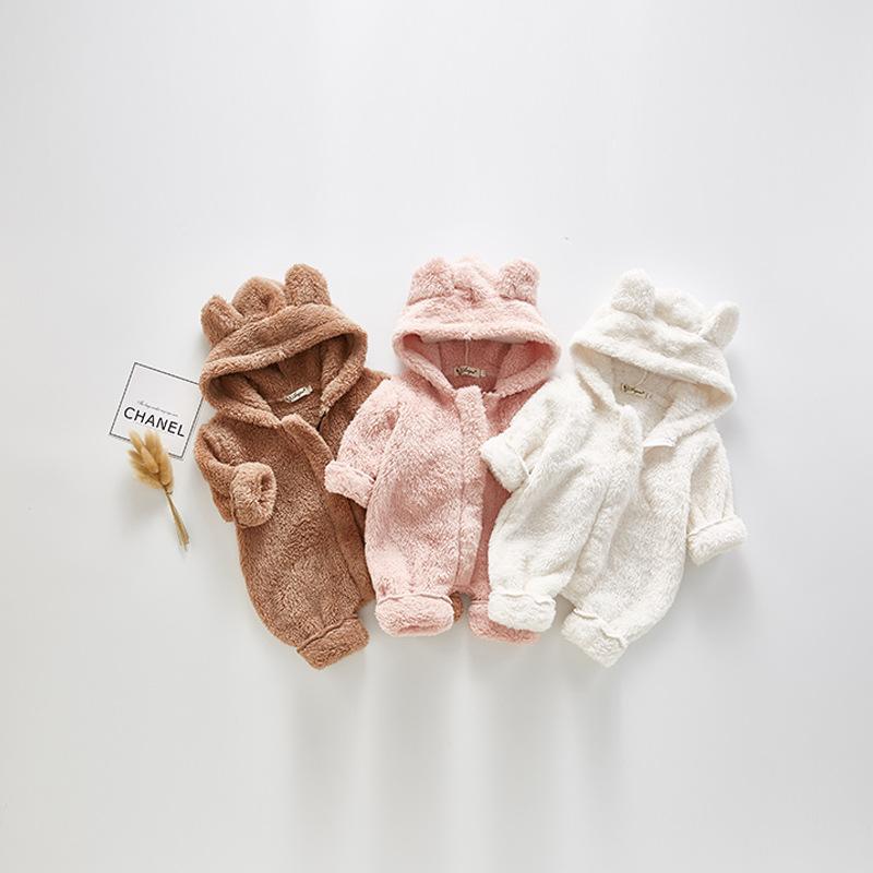 

Autumn Winter Warm Baby New Baby Plush Long Jumpsuit for Newborn Boys Girls Fleece Hodded Romper, Pink