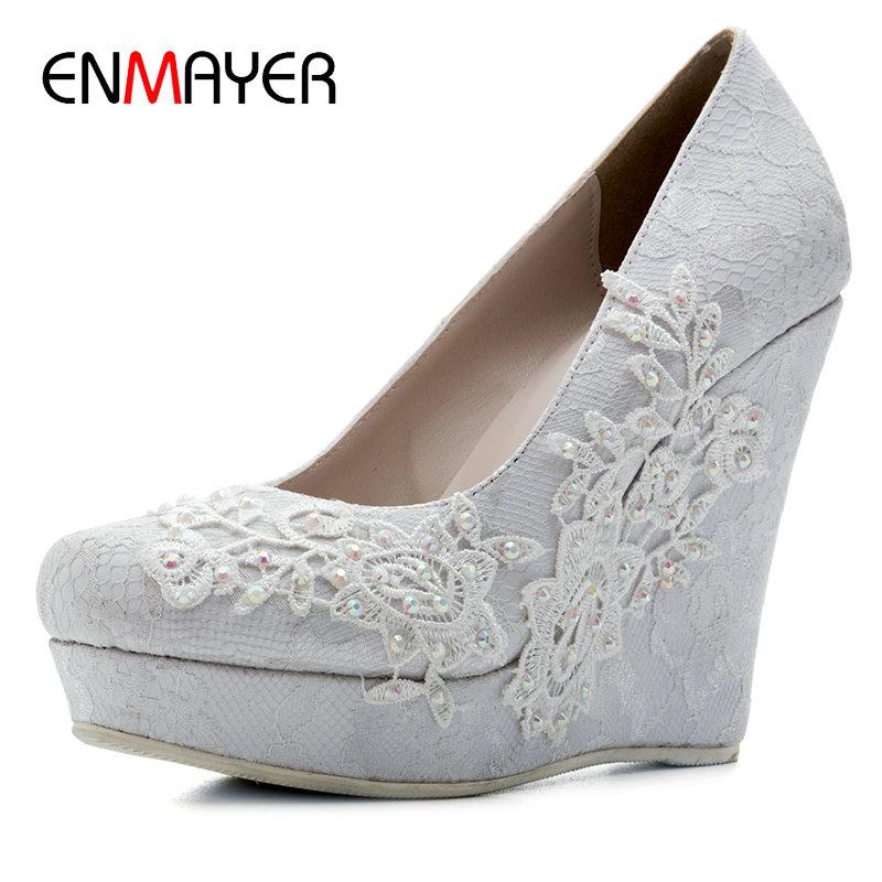 

ENMAYER 2020 Elegant Luxury Shoes Women Super Wedege High Heels Shoes Slip-On Round Toe Women Wedding Fashion Flower Pumps, Beige