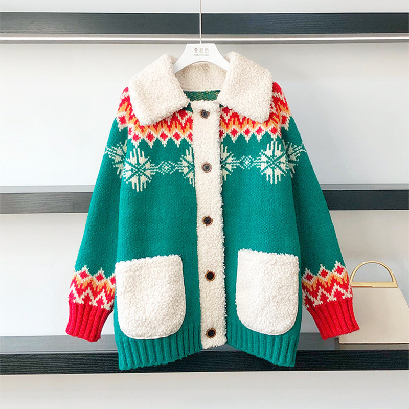 

2021 New Red Christmas Tops Feminine Sweet Sweater the Thick Lamb Wool Cardigan Mesh Loose Fleece Wear Fluffy Jacket GWSX
