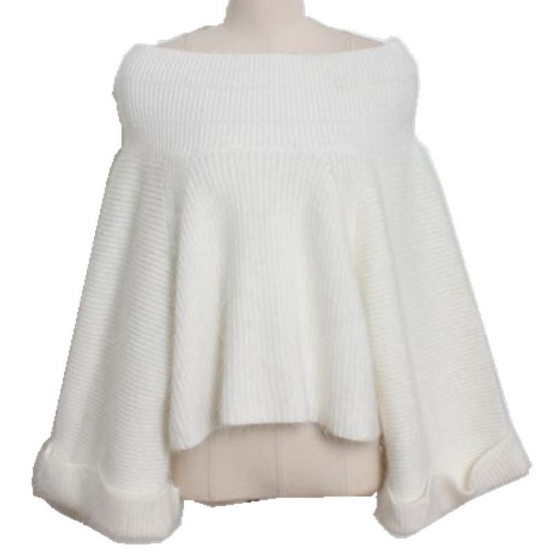 

Women's Sweaters 2022 Sexy Off Shoulder Knitted Sweater Women Solid Loose Flare Sleeve Pullover Jumpers Female Cashmere Poncho Tops PZ929, White;black