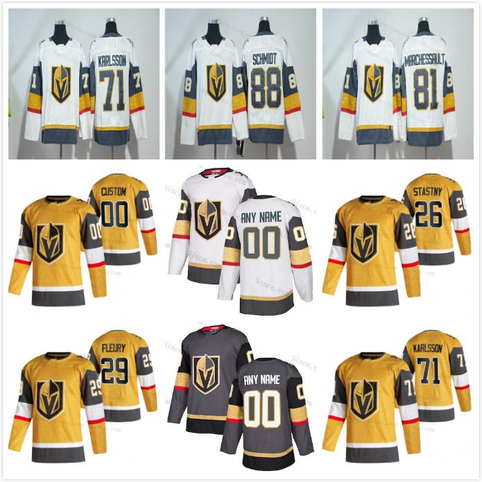 

Custom 20 Vegas Knights William Karlsson Reaves Marc-Andre Fleury Mark Stone Marchessault Tuch Nosek Smith 20-21 Gold Third Home Away Jersey, Black;red