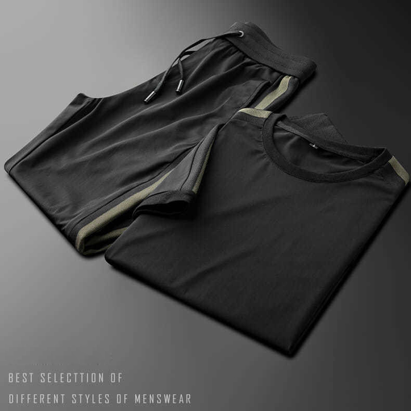 

New light luxury ribbon ice silk suit men's short-sleeved trousers summer slim thin silky fashion leisure sports two-piece suit, Black