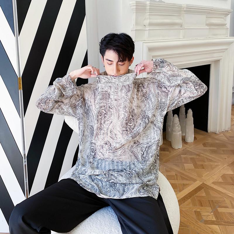 

New Male Japan Harajuku Korea Streetstyle Shirts Men Retro Pattern Print Long Sleeve Casual Pullover Thin Shirt, Light grey 613