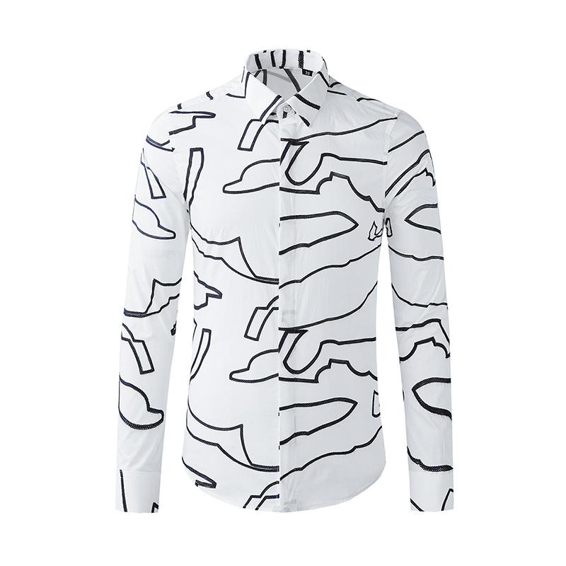 

Men's clothing new geometric full body irregular embroidery long-sleeved shirt cotton slim fashion high-end men's shirt, Black