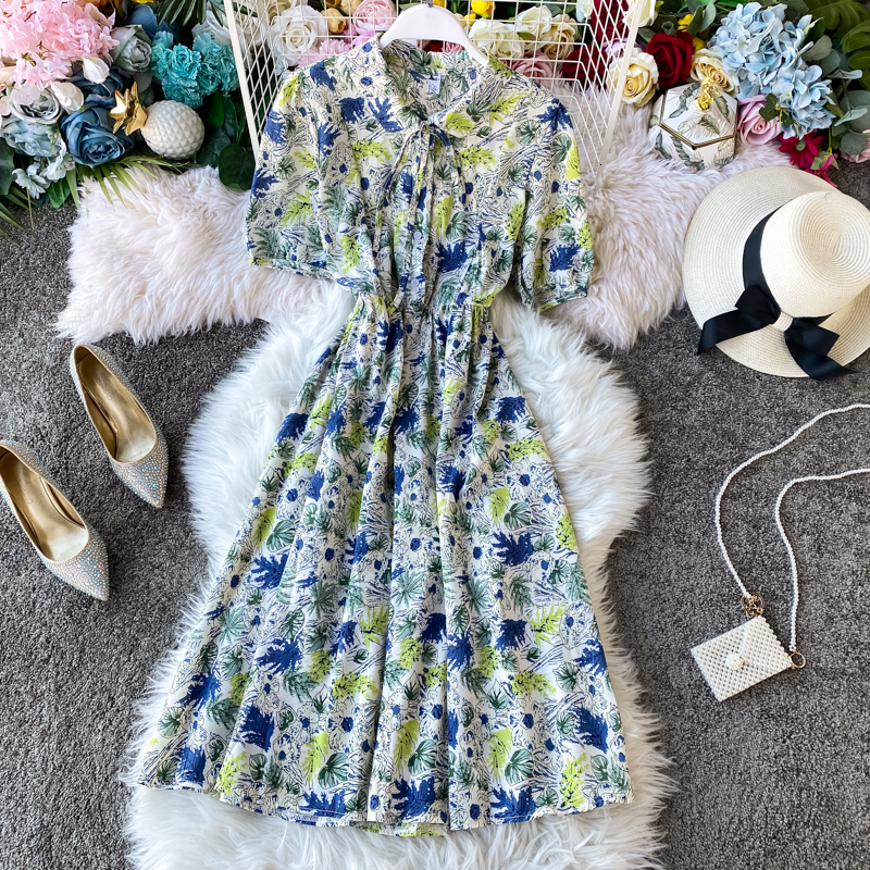 

Ins A-line Fashion High-waisted Korean Style Beach Dress Feminine Chiffon Retro Spring Summer Dresses Efr6, Black.