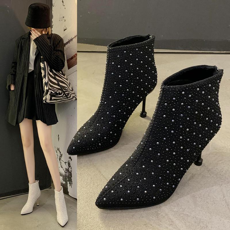 

Women Ankle Boots Plus Size Rhinestones High Heels Shoes Woman Zip Pointed Toe Sexy Motorcycle Boots for Females Sock, Beige