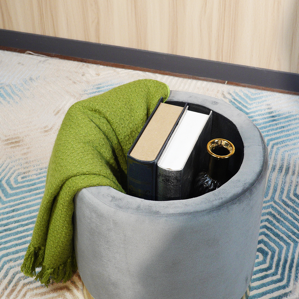 wholesale round velvet Living Room Furniture fabric with gold metal base pouffe ottoman durable and safe storage footstool-image-604378805