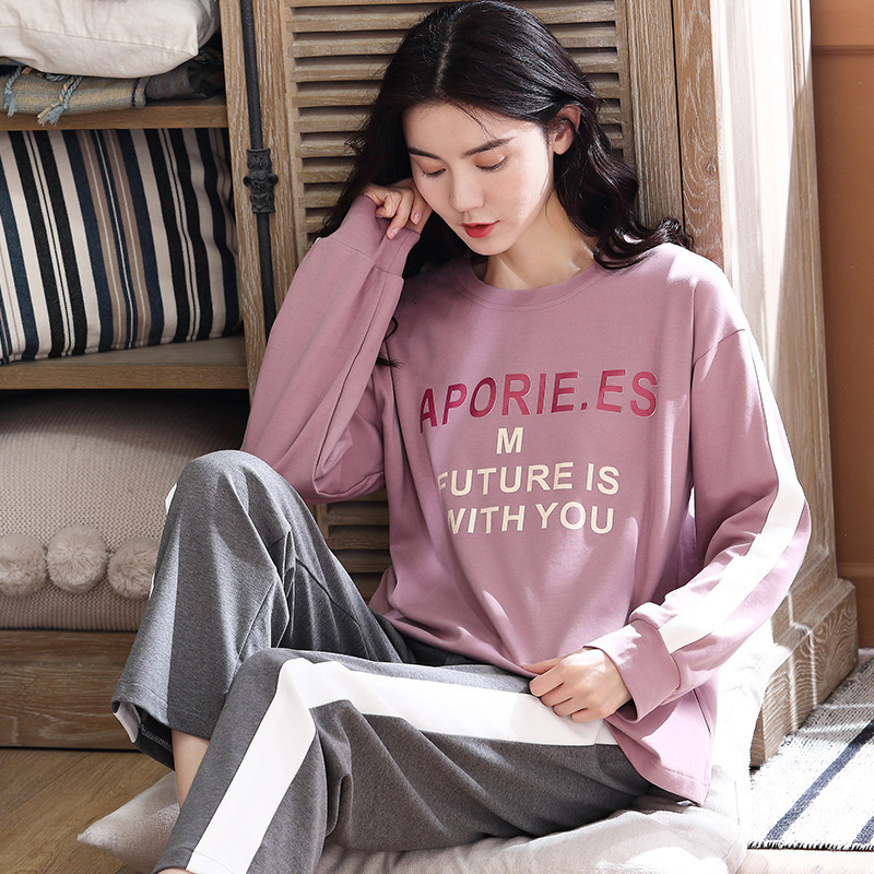 

2021 New Sets of Cotton Pyjamas Spring Feminine Korean Girl Style Female Sleepwear Plus Size Printing Loose Neck Long Sleeve Homewear Mvik, Pink 3