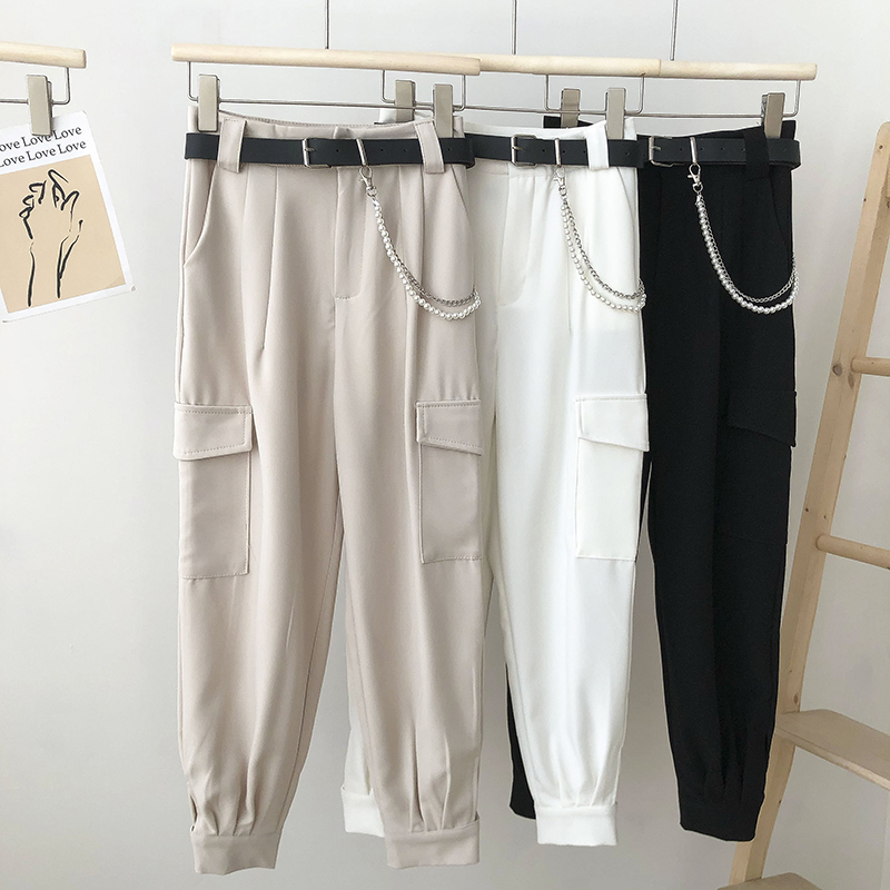 

2021 New Big pocket chain high waist tooling harem female spring Korean fashion solid color nine-point casual pants OJIC, Black