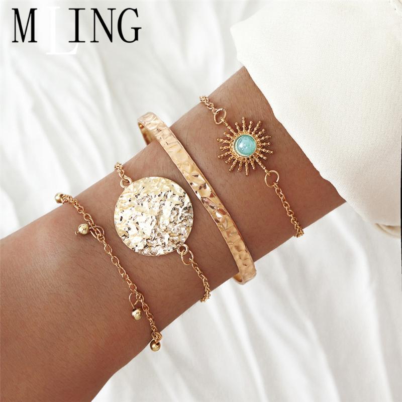 

MLING 4 Pcs/Set Vintage Gold Alloy Bracelet Fashion Sun Flower Geometric Circle Beads Bracelet for Women