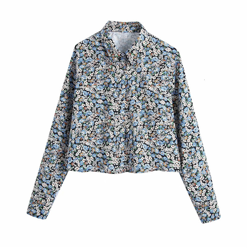 

2021 New Blue Floral Printed Crop Top Women Vintage Lapel Collar Long Sleeve Button Up Shirt Woman Loose Casual Ladies Blouses Jetf, Print