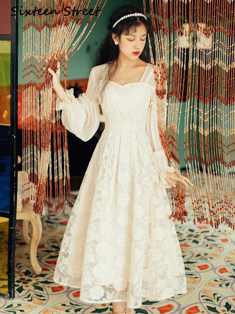 

2021 Fairy-filled Sleeve Midi Fit and Flare Square Turtleneck Party Gown at Night Long Beige Lace Elegant Girlie Dress Summer I5ha, Blue