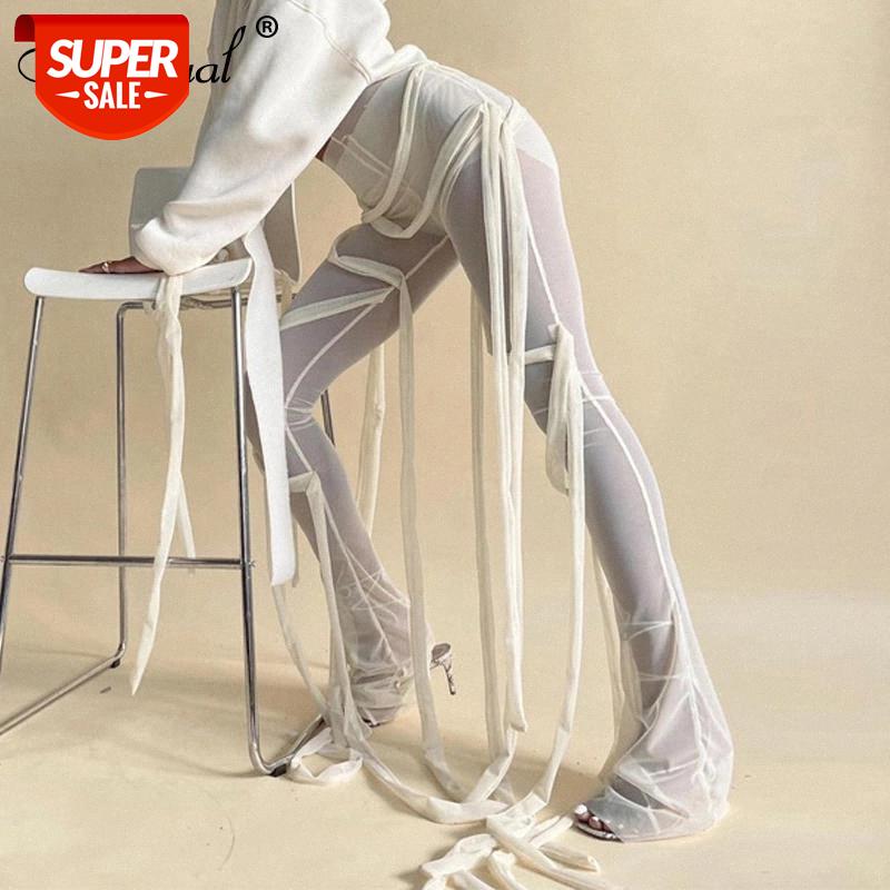 

Simenual Belt Mesh Sexy Hot Boot Cut Pants Women Mid Waist See Through Sheer Long Trousers 2020 Fall Fashion Night Club Pants #zh6s, Black;white