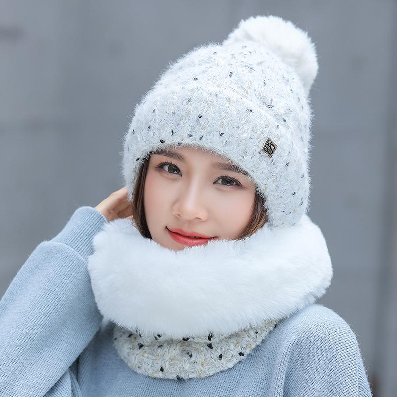 

2020 New Year Winter Women's Hats Sweet lovely Snowflake Dots Knitted Hat Scarf Set Thick Warm Skullies Beanies Female Cap, Grey hat