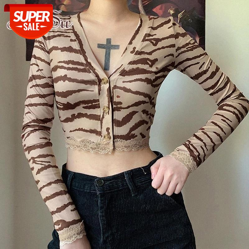 

ArtSu Striped Zebra T-shirt Women Graphic Tshirts Y2k V Neck Long Sleeve Crop Top Autumn Clothes Female Tee Basic Shirt TS52423 #xs1m, White