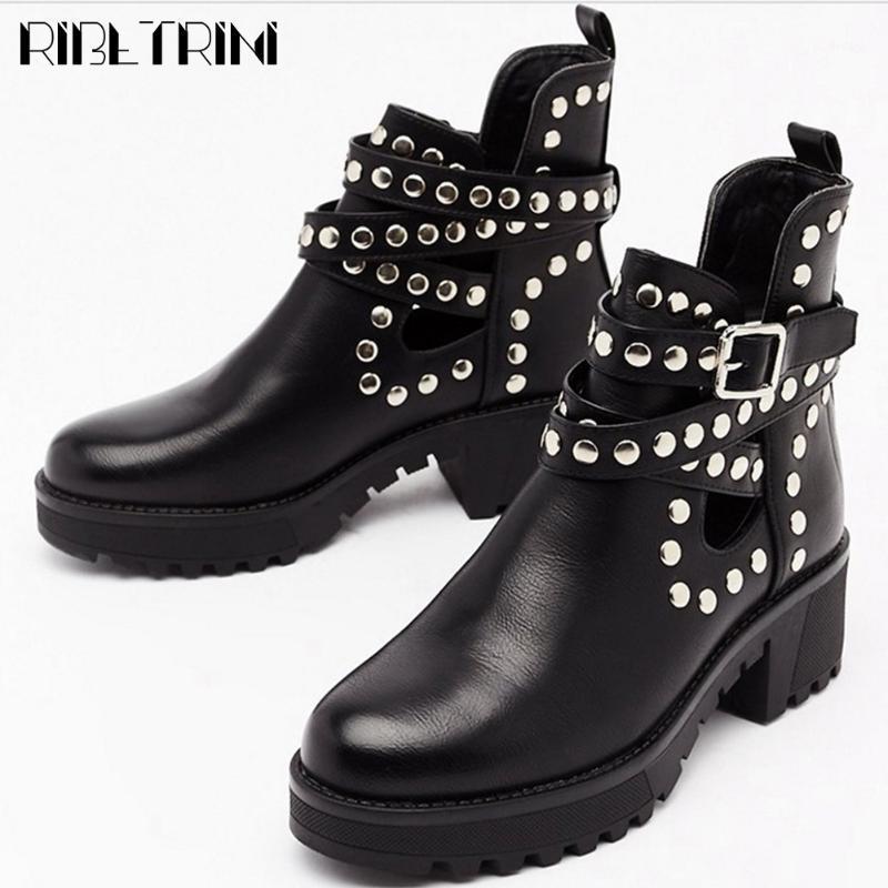 

RIBETRINI Cool Girl Casual Zipper Rivet Winter Shoes Buckle Round Toe Chunky Ankle Women Boots Fashion Brand Boots1, Black