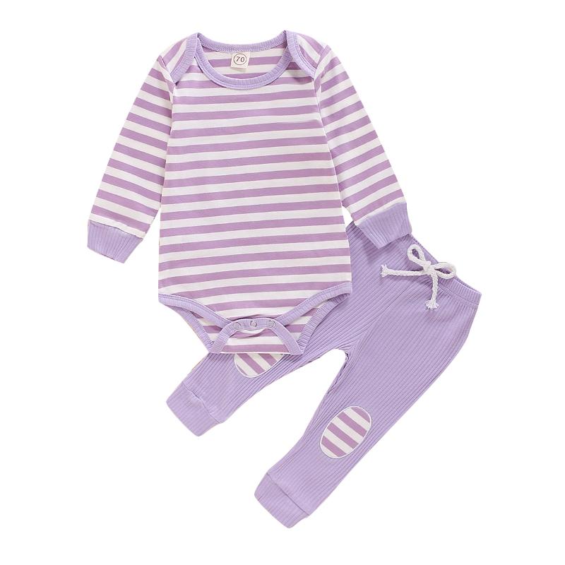 

2Pcs Baby Girls Boys Outfit, Autumn Sweet Style Long Sleeve Round Collar Striped Romper + Patch Decoration Long Pants Set, Blue