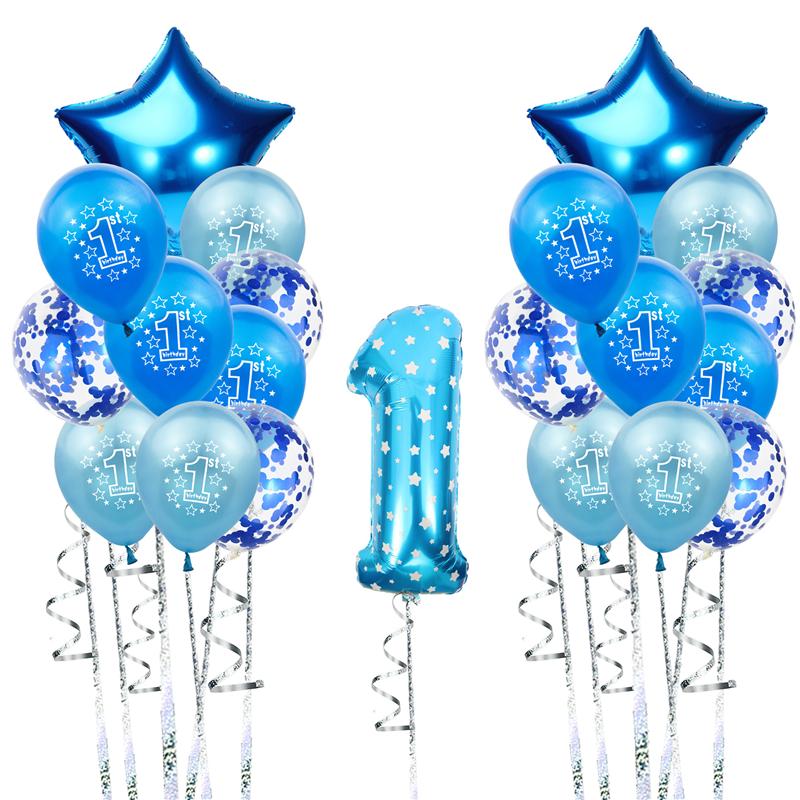 

1st Birthday Balloons Blue Pink Latex Confetti Balloon Star Heart Foil Ballon Boy Girl One 1 Year Old First Birthday Party Decor