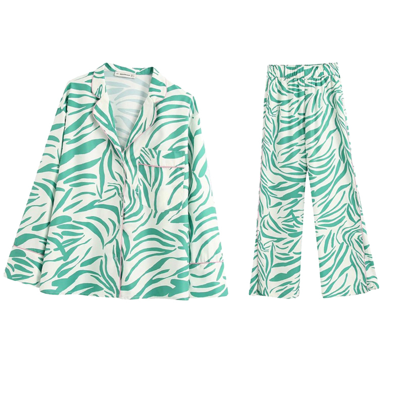 

2020 NEW Summer Spring Women 2 pieces Set white green printed full Sleeve blouse long pants Suit female casual woman clothes Y200701, Top