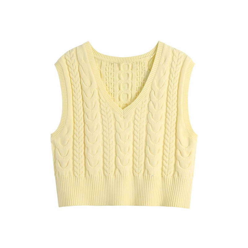 

2021 New Elegant Women V-neck Sweater Vests Fashion Ladies Twist Knitted Tops Streetwear Female Chic Solid Yellow Loose Tanks 9nd6