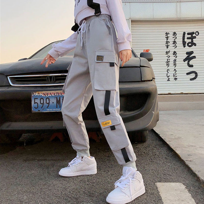 

2021 New Fashion Elastic Waistline Cargo Ladies Loose Ankle Streetwear Plus Female Size Jogger Pants D981, Grey light