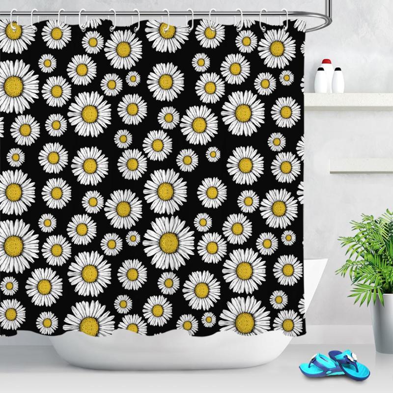 

White Daisies Flower Shower Curtains Bathroom Curtain Waterproof Polyester Fabric Floral Black Bath Curtain Set with Hooks