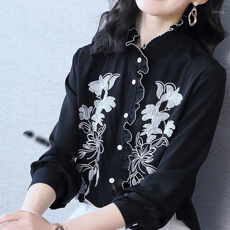 

Women's Blouses & Shirts Embroidered Flowers Lace Black And White Women Shirt 2021 Faux Silk Loose Long-sleeved Stand Collar Blouse Casual1, As pic