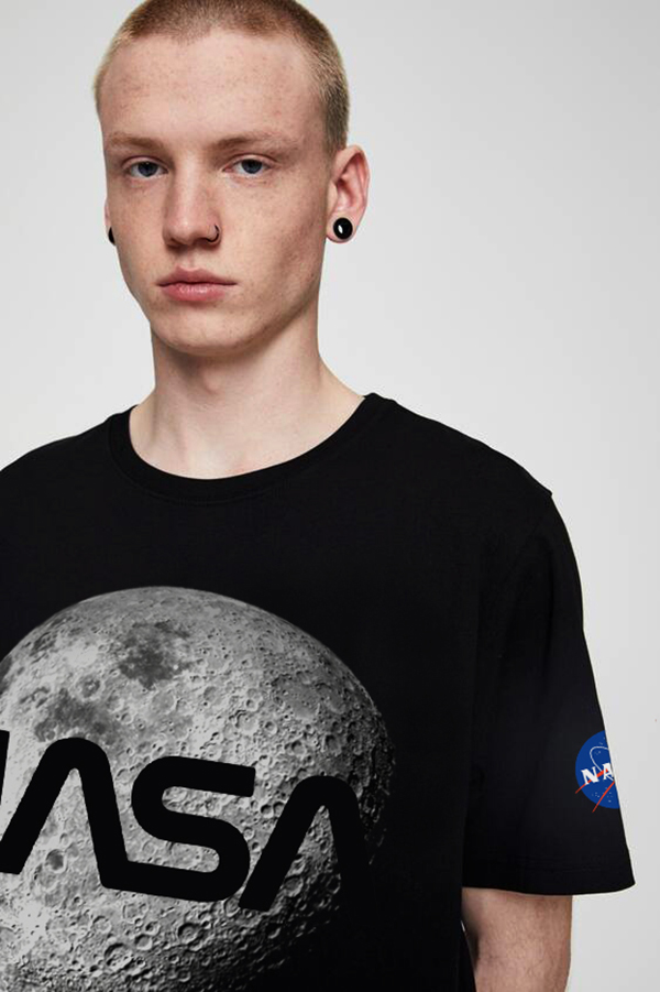 

New NASA moon printing letter T-shirt casual tee round neck, summer breathable simple men's and women's short street T-shirt, White