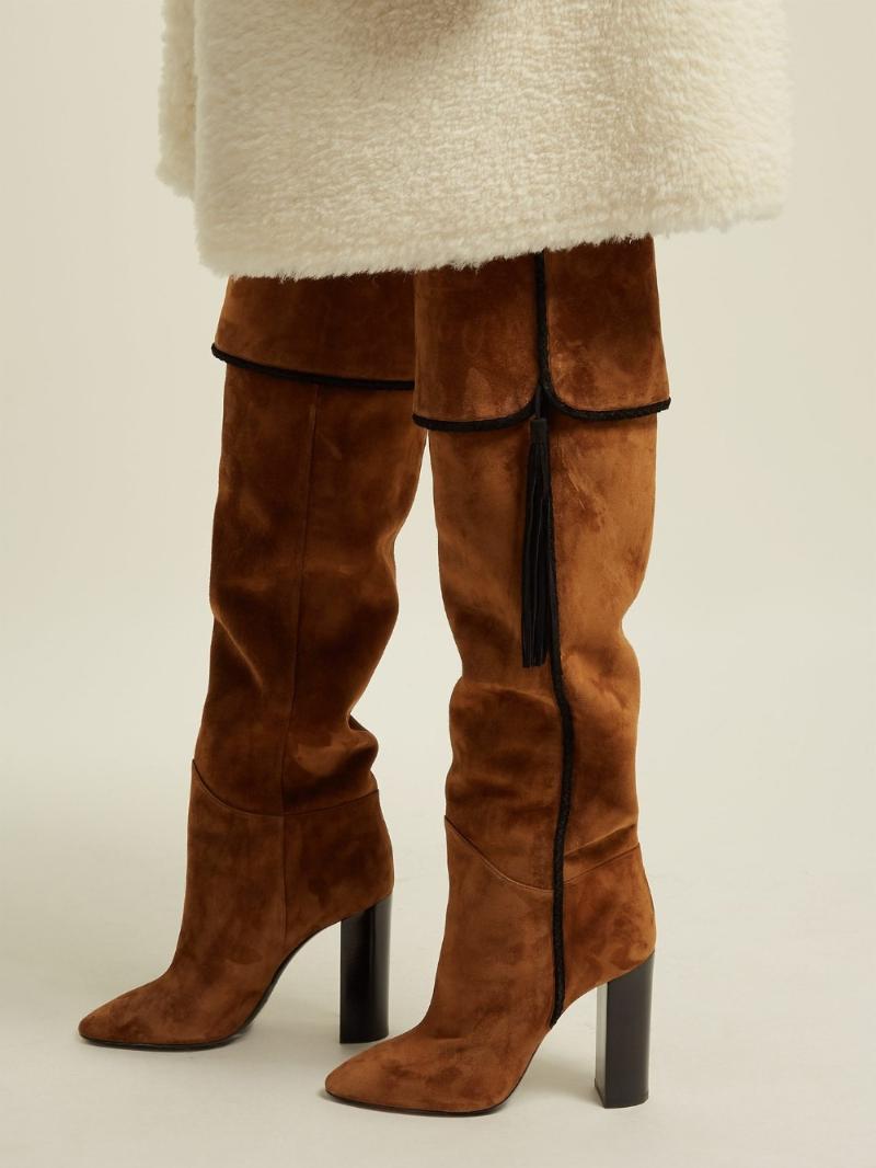 

Botines mujer brown black chunky high heels knee high over the knee ladies boots tassel leather shoes famale woman long botas, As picture
