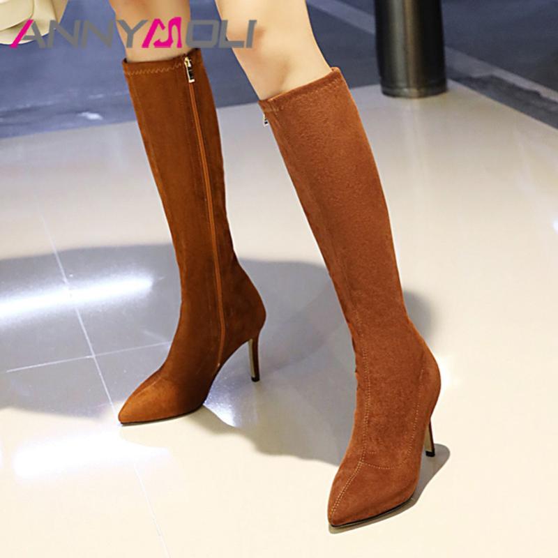 

ANNYMOLI Knee High Boots Extreme High Heel Woman Boots Thin Heel Pointed Toe Long Zip Ladies Shoes Autumn Wine Red Size 46, Apricot