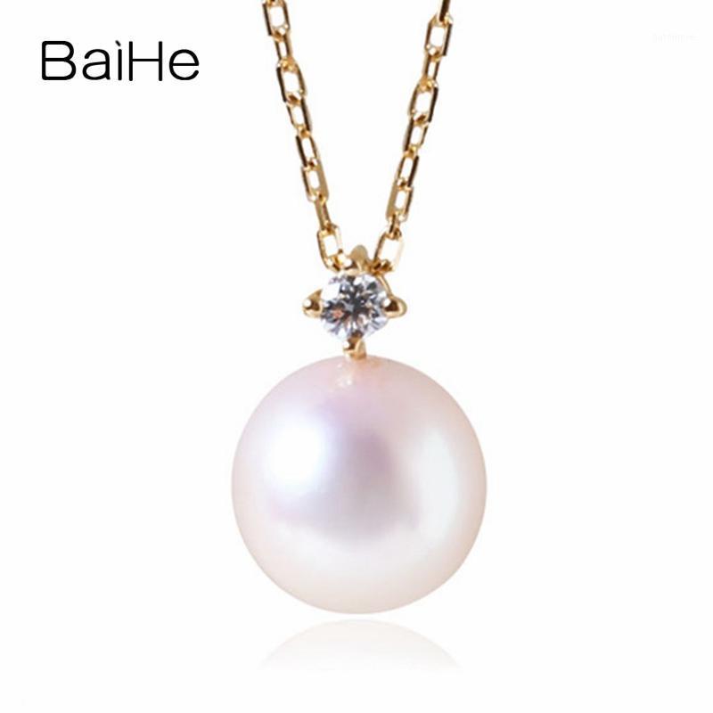 

BAIHE Solid 18K Yellow Gold 7.5mm-8mm Round Natural Freshwater pearl Wedding Trendy Simple pearl diamond Necklaces1