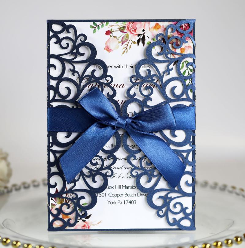 

10pcs Gold/Silver/Rose/Champagne/Pink Glitter Dark Blue/Black pearl Hollow Flower laser cut wedding invitation cards