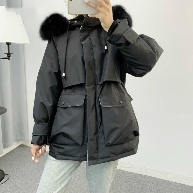 

2021 Winter New Fashion Long Sleeve Big PocketThick Wide-waisted Zipper Hooded Temperament Women's Cotton Clothes C007, Black