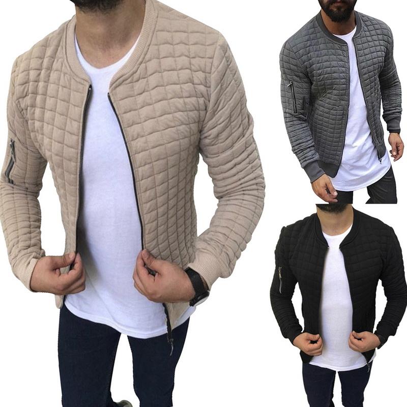 

Nice Men Autumn Plaid Slim Fit Jacket Long Sleeve Zipper Coat Solid O Neck Sports Overcoat Male Casual Hip Hop Man Jacket, Black