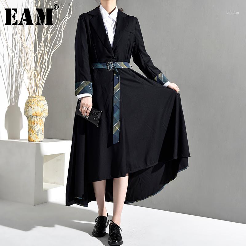 

EAM] Women Blue Pattern Long Asymmetrical Trench New Lapel Long Sleeve Loose Fit Windbreaker Fashion Tide Spring 2020 JO5521, Black