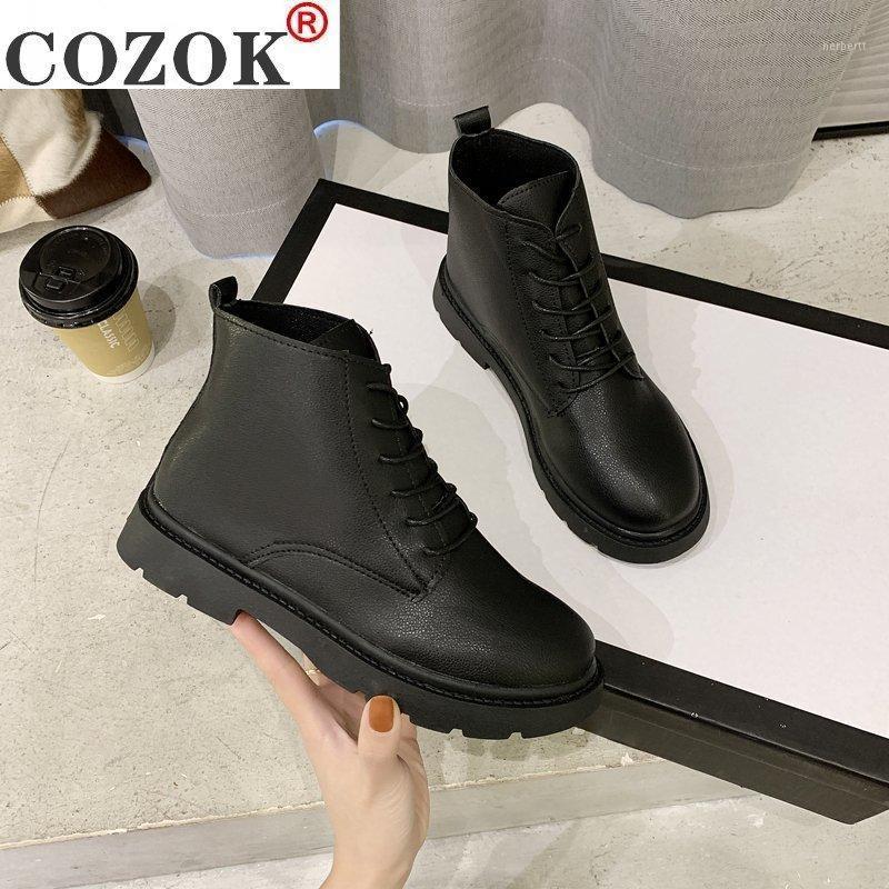 

Botas Mujer Women fashion Autumn Winter Black PU Leather Ankle Boots Round Toe Lace Up Shoes Woman Fashion Motorcycle Boots1, No cotton black