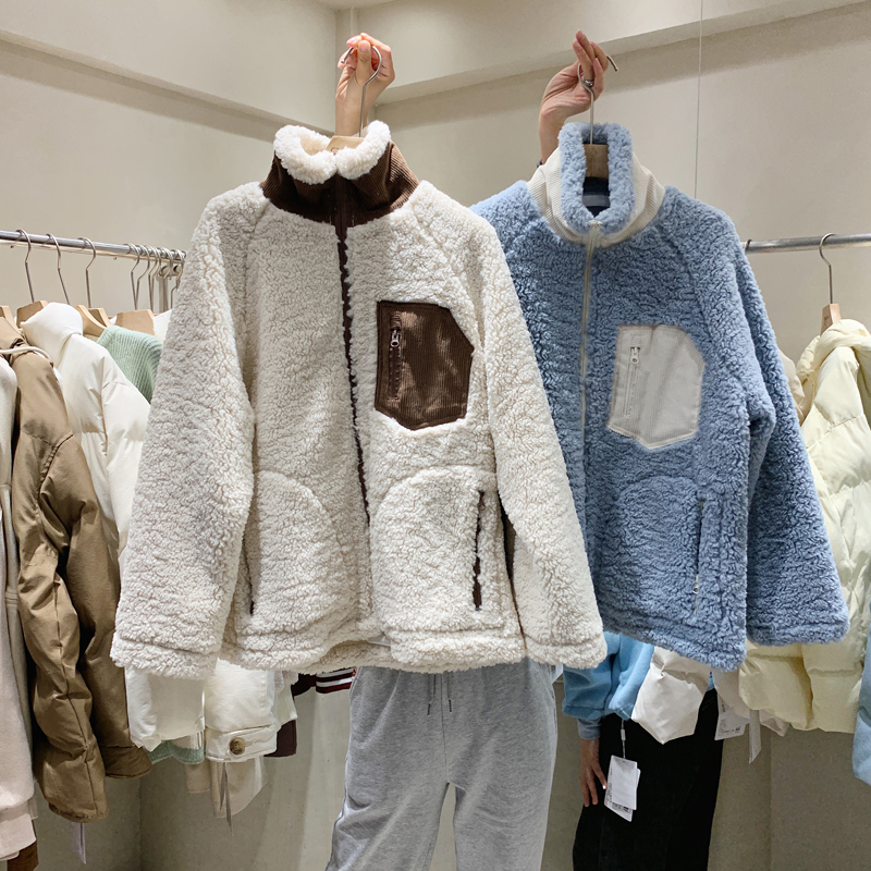 

2021 New New autumn and winter stitching corduroy warmth thick wool coat women VOOO, Apricot