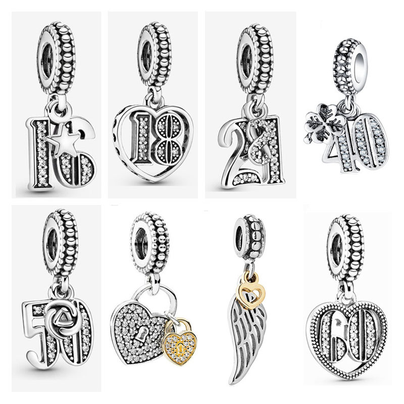 

new 16th 18th 21st 30th 40th 50th 60th Celebration Charm DIY beads Fit pandora 925 original silver Charm Bracelet Jewelry making