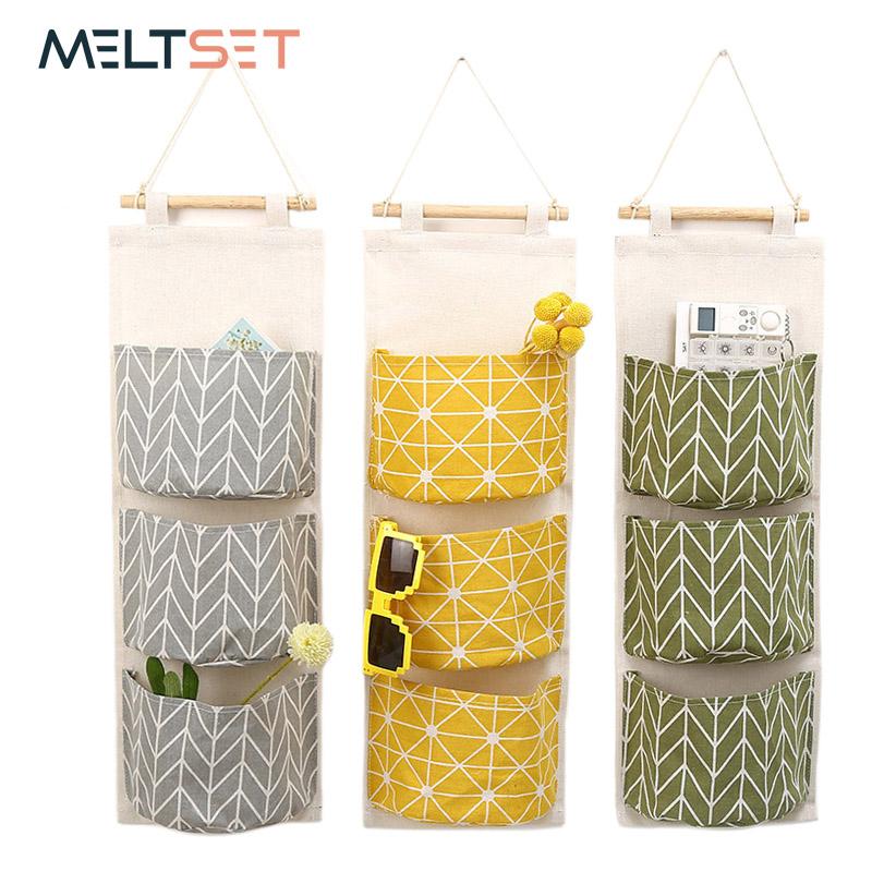

2020 New Creative Linen Cotton Waterproof Geometic Three Storage Pockets Wall Hanging Storage Bags Home Decor Wall Housekeeping