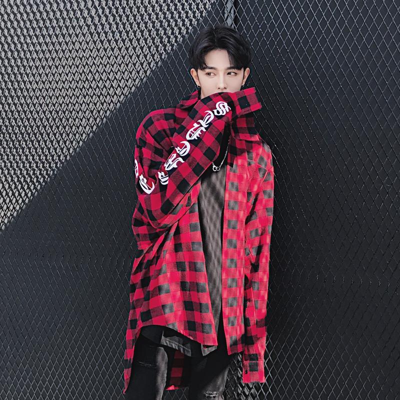 

2021 New men's clothing singer Bigbang GD fashion Personality trend Letter printing Loose Plaid Shirt plus size stage costumes, Red