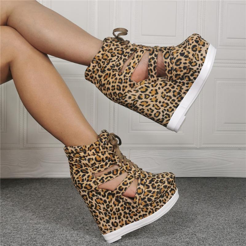 

Summer Side Cut-out Leopard Short Boots Woman Wedge Heel Platform Lace Up Ankle Boots Gladiator High Top Sneaker Bottines, As pic