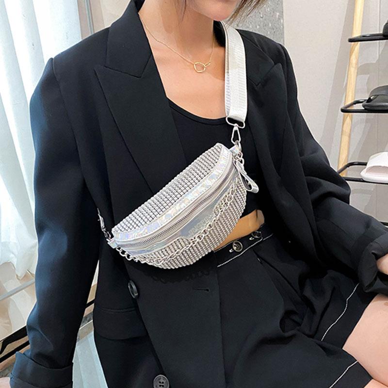 

Rhinestone Waist Bags Women Silver Fanny Pack Female Belt Bag Black Geometric Waist Packs Glitter Chest Phone Pouch