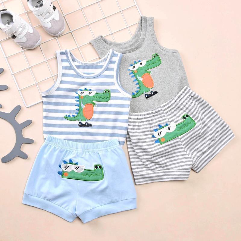 

2020 Summer baby Boy girl clothes set animal print sleeveless top striped short summer pajams set outfit clothes1, Blue